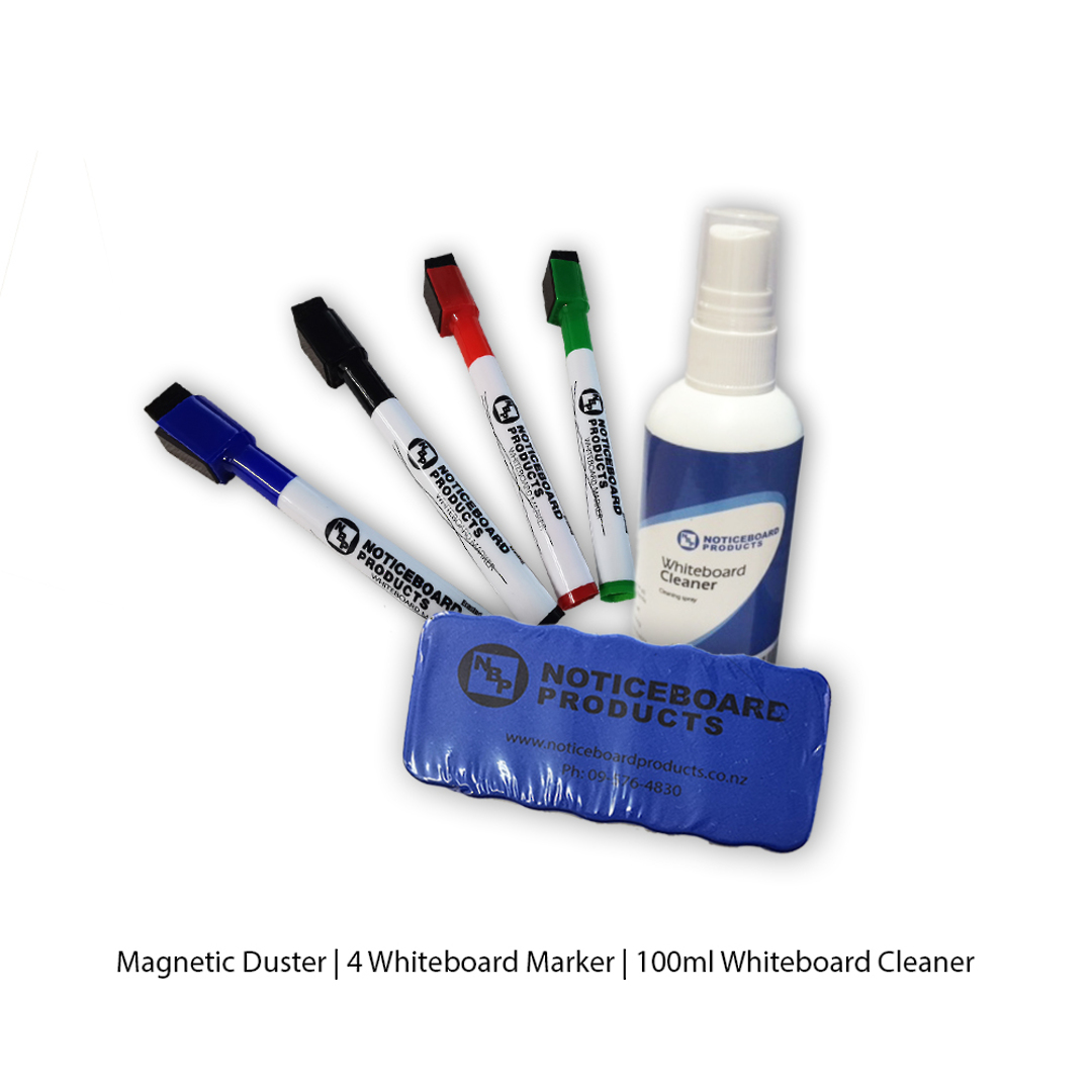Whiteboard Accessory Kit | Magnetic Duster | 1x pkt Whiteboard Markers | 100ml Whiteboard Cleaner image 1